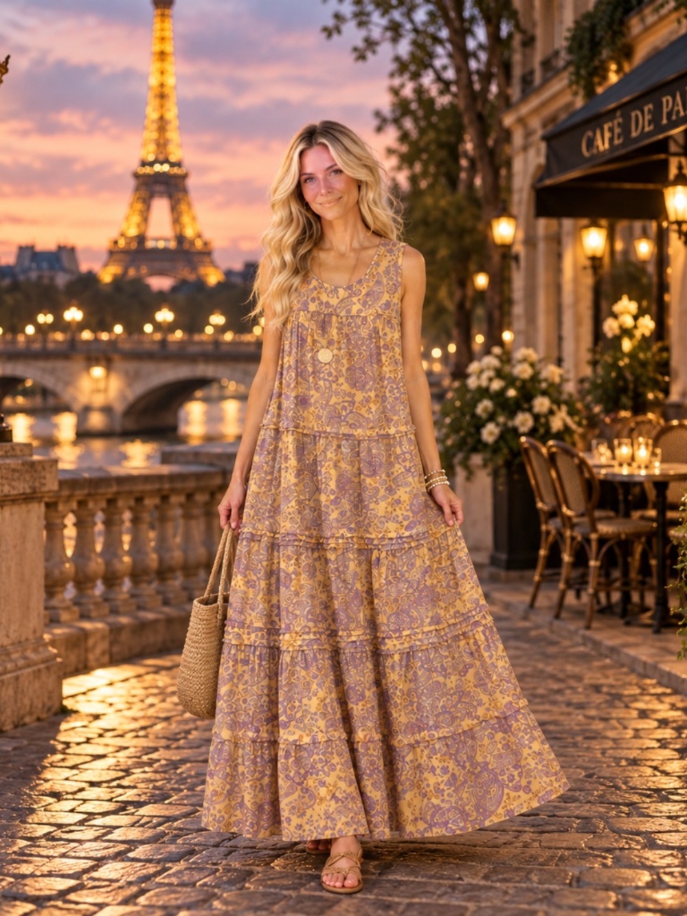 J.Jill Mustard Yellow Purple Paisley Tiered Sleeveless Maxi Dress